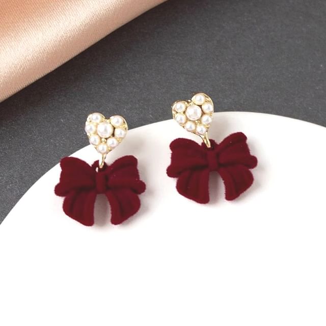 Bow Faux Earring Drop Pearl Alloy Heart