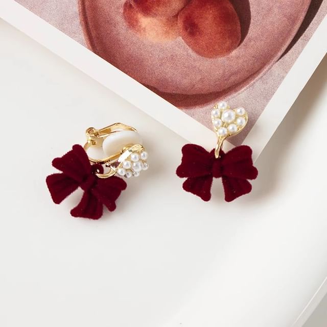 Bow Faux Earring Drop Pearl Alloy Heart