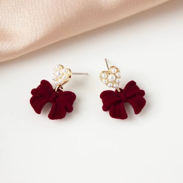 Bow Faux Earring Drop Pearl Alloy Heart