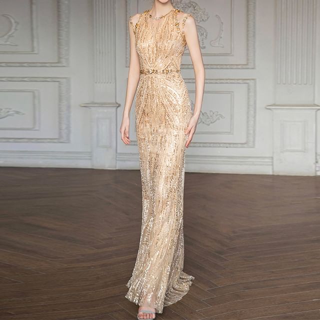 Sleeveless Sequin Embellished Evening Gown