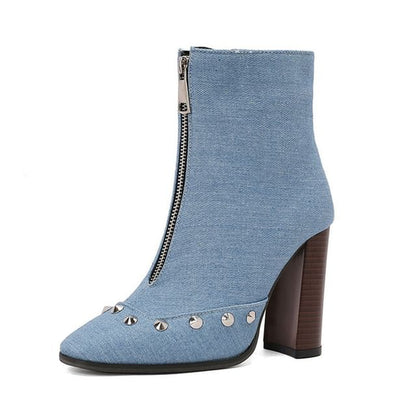 Denim Studded Pointed Toe Chunky Heel Short Boots