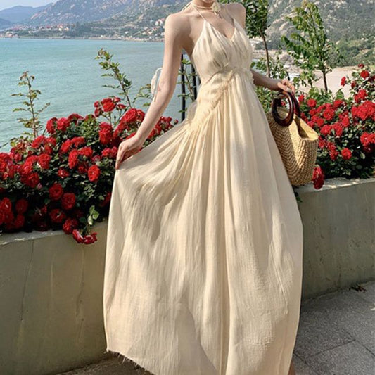 Frill Halter Plain Trim V-Neck Open Ruched Back A-Line Dress Maxi