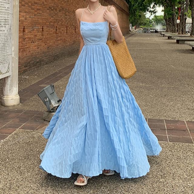 Thin Strap Square Neck Solid Crinkle Open Back Maxi A-Line Dress