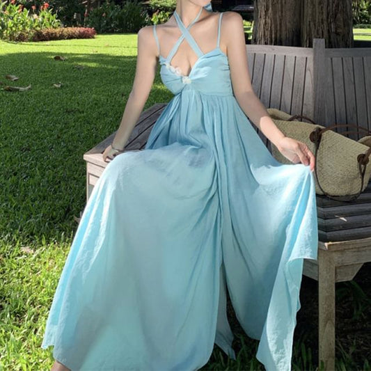 A-Line Open Dress Ruched Back Maxi Halter Plain Accent Floral Neck Layered