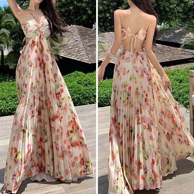 Halter Neck Dress Print Maxi Cutout Pleated Floral Back A-Line Open
