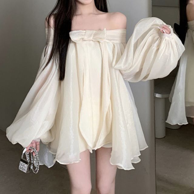 Tunic Long-Sleeve Off-Shoulder Dress Bow Ruched Accent Plain