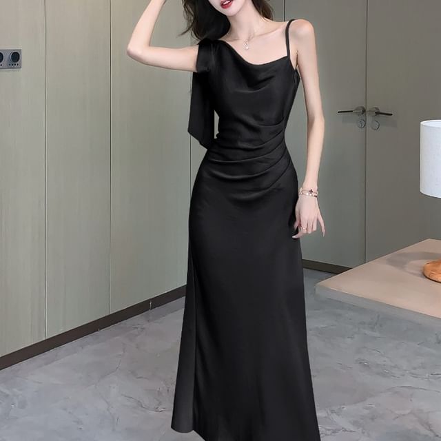 Asymmetrical Midi Sleeveless Cowl Dress Neck Plain Satin Ruched Mermaid
