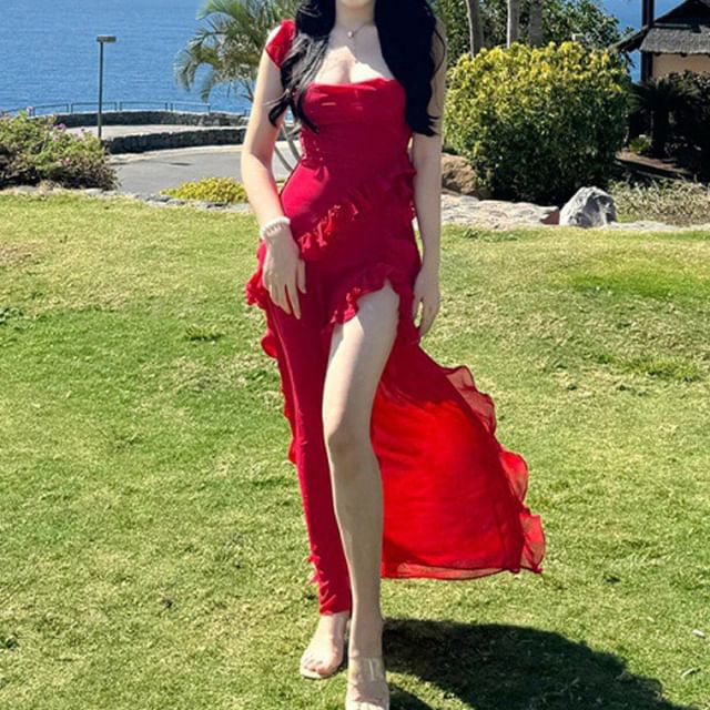 Open Ruffle Slit Back Dress Square Bodycon Plain Maxi Sleeveless Neck Trim