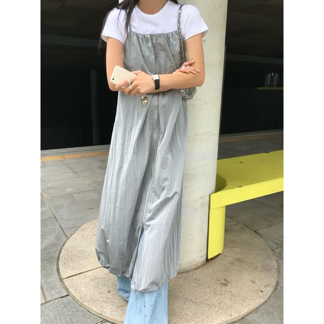 Zip Front Maxi Dungaree Dress with Pockets