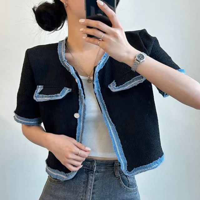 Short-Sleeve Plain Contrast Trim Jacket