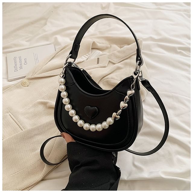 Heart Faux Pearl Chain Shoulder Bag