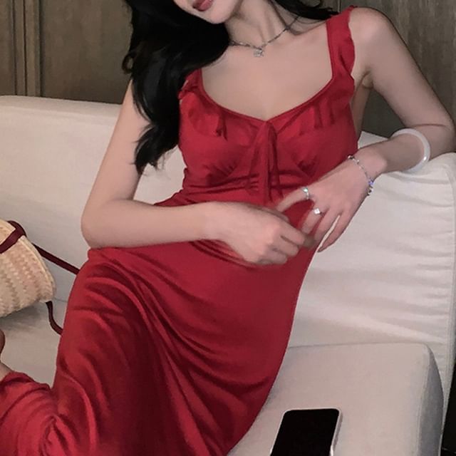 V-Neck Spaghetti Strap Solid A-Line Maxi Dress