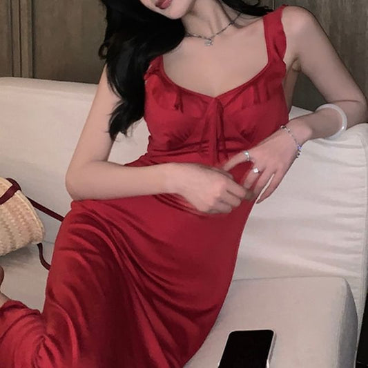 V-Neck Spaghetti Strap Solid A-Line Maxi Dress