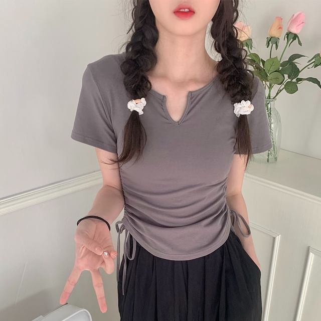 Drawstring Short-Sleeve Notch Plain Neck Waist Tee