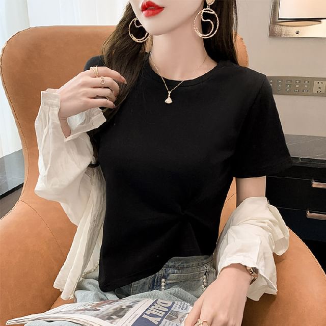 Plain Asymmetrical Crew T-Shirt Neck Ruched Short-Sleeve