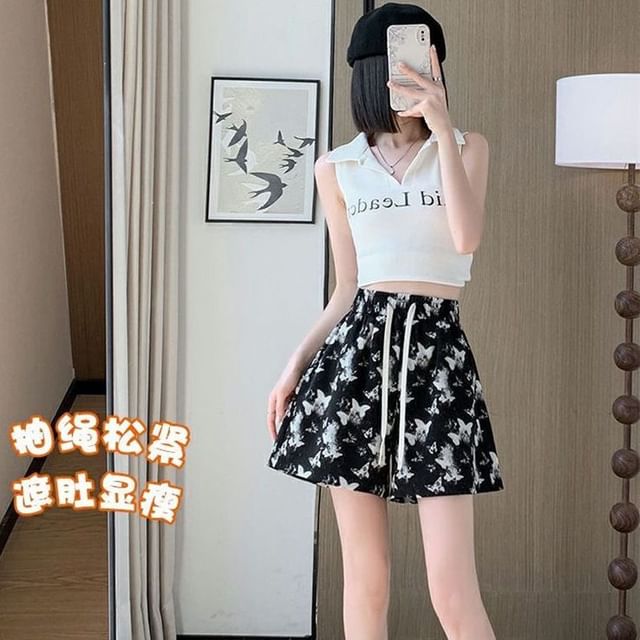 Drawstring Butterfly Print Waist Shorts