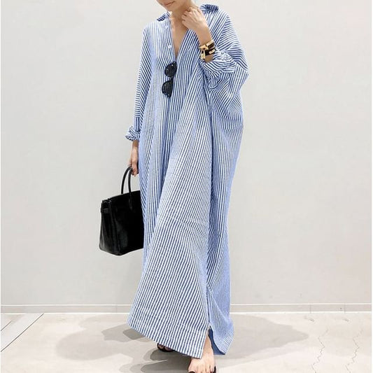 Long-Sleeve Striped Button-Up Tunic Shirt Dress