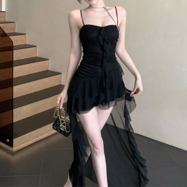 Thin Strap Ruffle Hem Mini A-Line Dress
