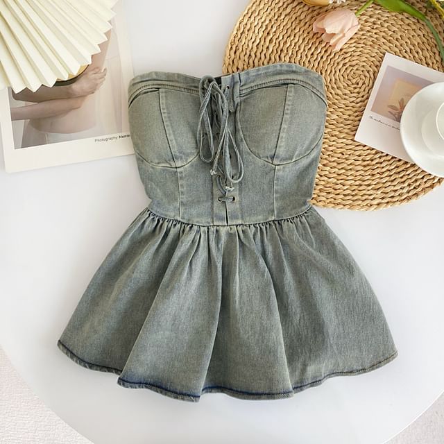 Lace-Up Peplum Denim Bustier Top