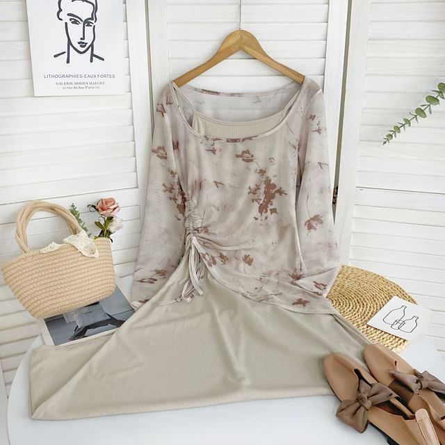 Set: Long-Sleeve Scoop Neck Tie Dye Asymmetrical Top + Thin Strap Solid Midi Sheath Dress