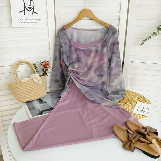Set: Long-Sleeve Scoop Neck Tie Dye Asymmetrical Top + Thin Strap Solid Midi Sheath Dress