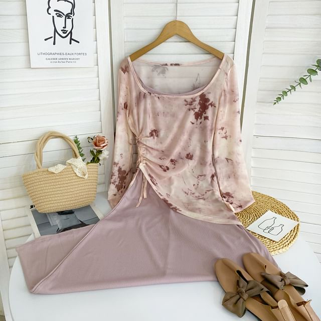 Set: Long-Sleeve Scoop Neck Tie Dye Asymmetrical Top + Thin Strap Solid Midi Sheath Dress
