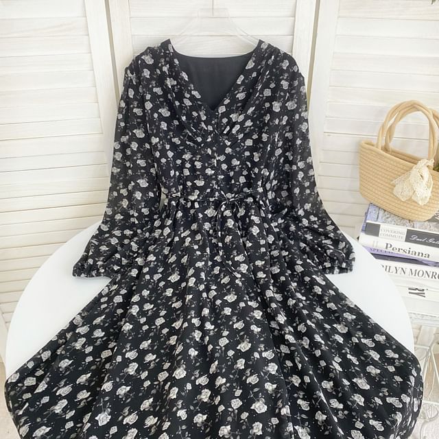 Long-Sleeve V-Neck Floral Midi A-Line Dress