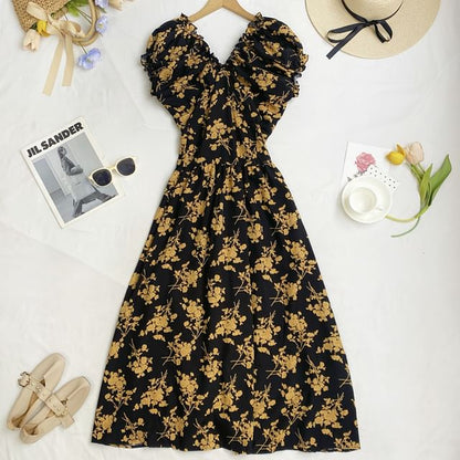 Cap-Sleeve V-Neck Floral Midi A-Line Dress