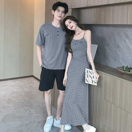Couple Matching Short-Sleeve Henley Dotted Tee / Thin Strap Maxi A-Line Dress / Striped Shorts / Solid Cardigan