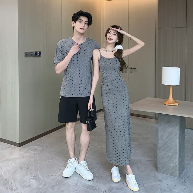 Couple Matching Short-Sleeve Henley Dotted Tee / Thin Strap Maxi A-Line Dress / Striped Shorts / Solid Cardigan