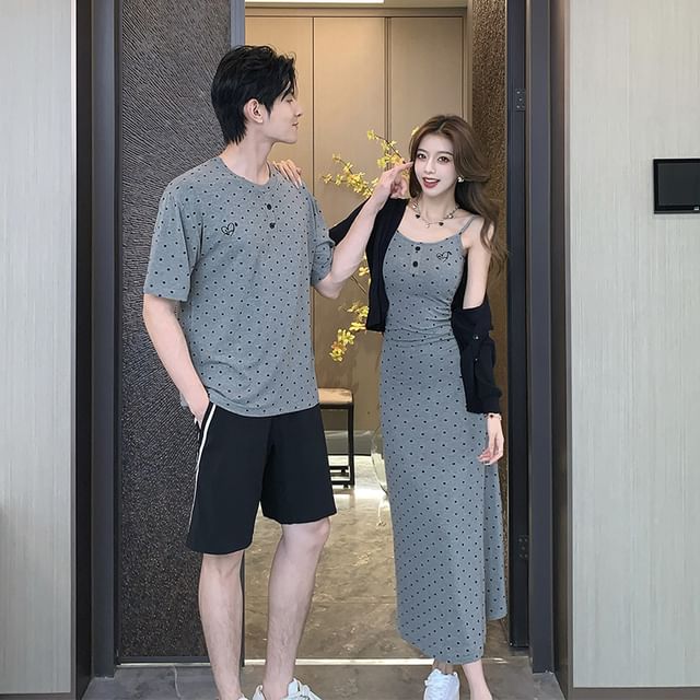 Couple Matching Short-Sleeve Henley Dotted Tee / Thin Strap Maxi A-Line Dress / Striped Shorts / Solid Cardigan