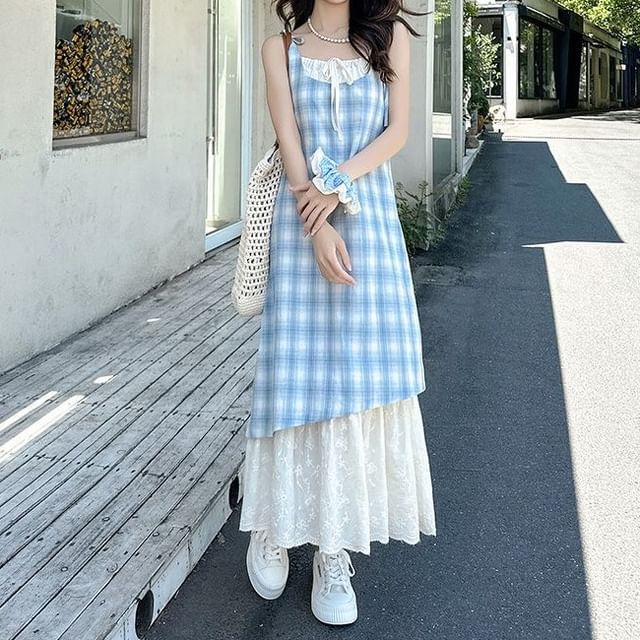 Thin Strap Plaid Mock Two-Piece Maxi Sundress