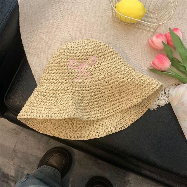 Bow Embroidered Knit Bucket Hat