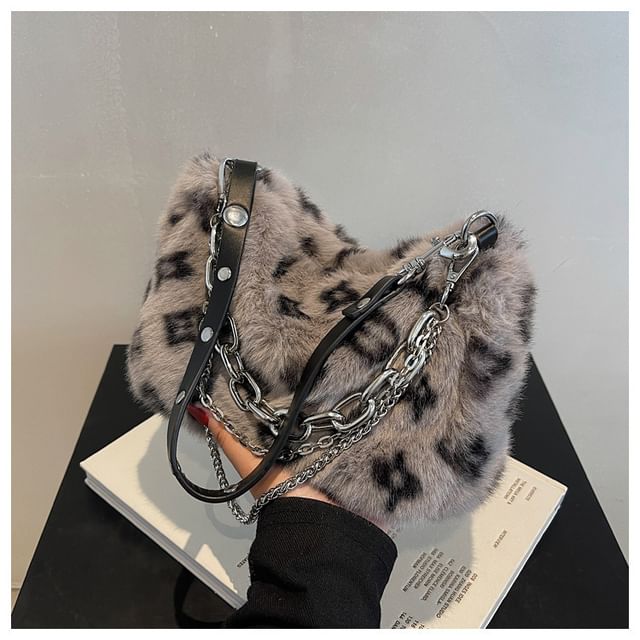 Print Chain Strap Crossbody Leopard Fluffy Bag