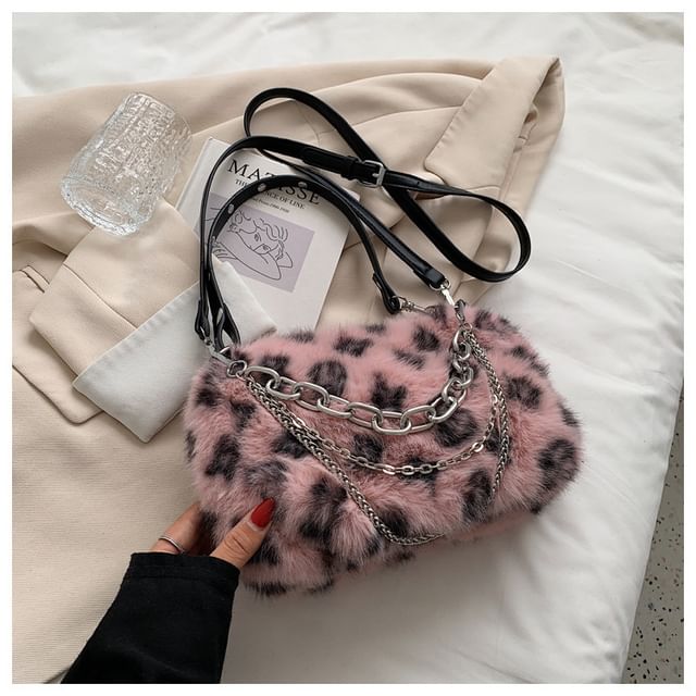 Print Chain Strap Crossbody Leopard Fluffy Bag