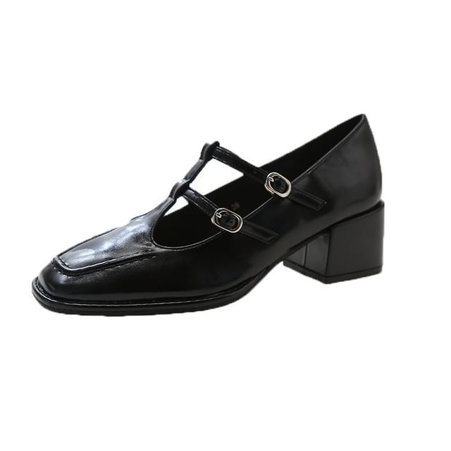 Mary Toe Jane Pumps Heel Chunky Double-Strap Square