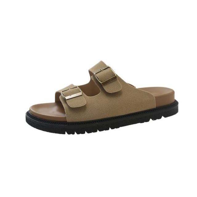 Double Buckle Plain Slide Sandals