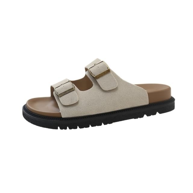 Double Buckle Plain Slide Sandals