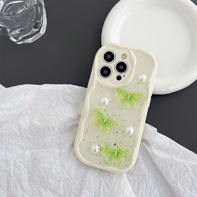 Faux Pearl Case Phone Butterfly