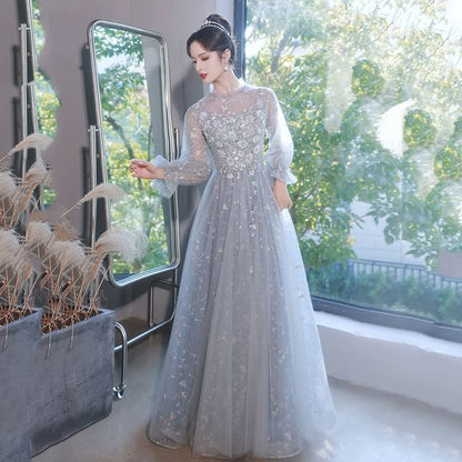 Puff-Sleeve Flower Embroidered Sequin A-Line Evening Gown