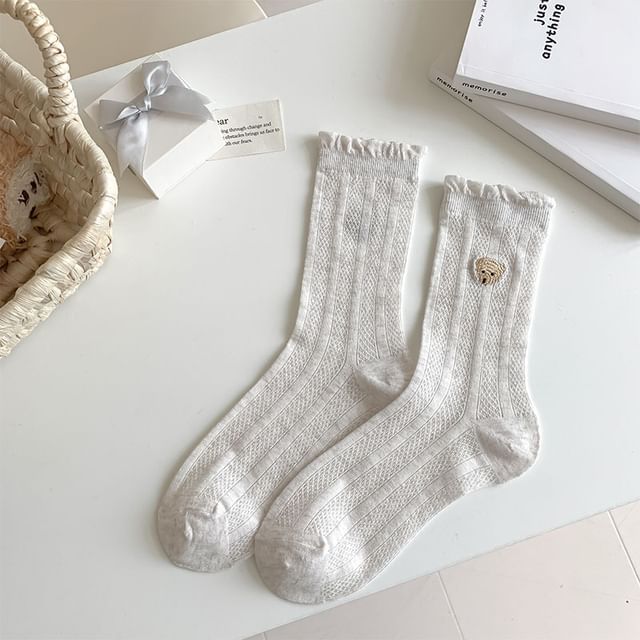 Bear Embroidered Frill Trim Socks