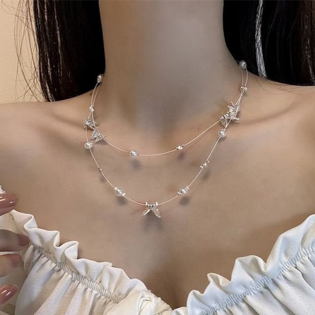 Pearl Necklace Layered Butterfly Faux