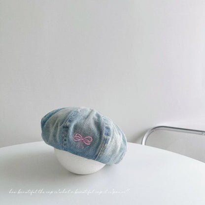 Bow Embroidered Washed Denim Beret