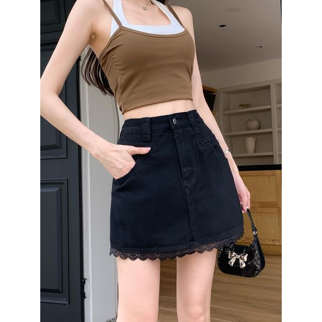 Mid Rise Lace Trim Denim Mini Skirt