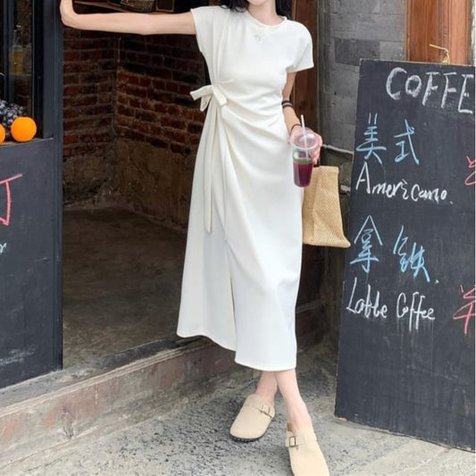 Short-Sleeve Crewneck Slit Hem A-Line Maxi Dress