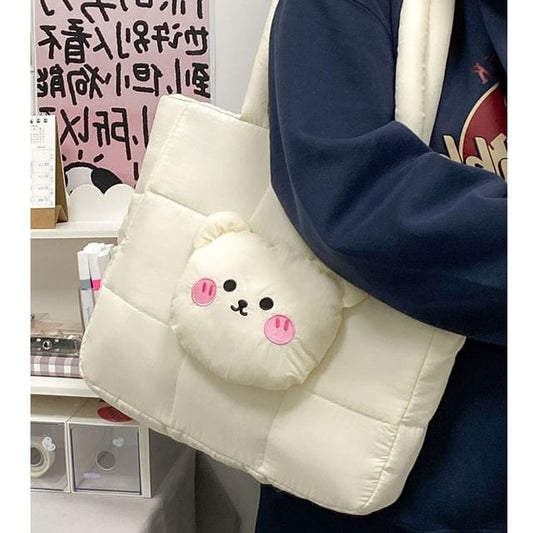 Quilted Tote Bear Applique Bag Nylon