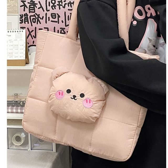 Quilted Applique Bear Tote Nylon Bag