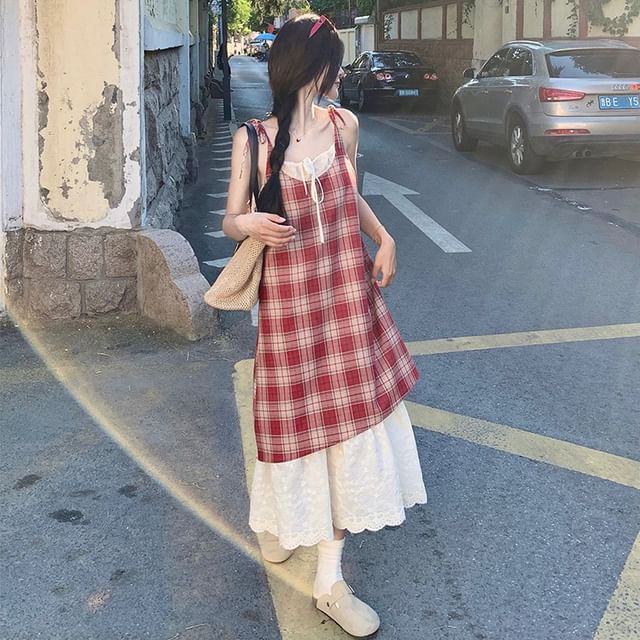 Two-Tone Plaid Panel Midi A-Line Dress with Thin Straps