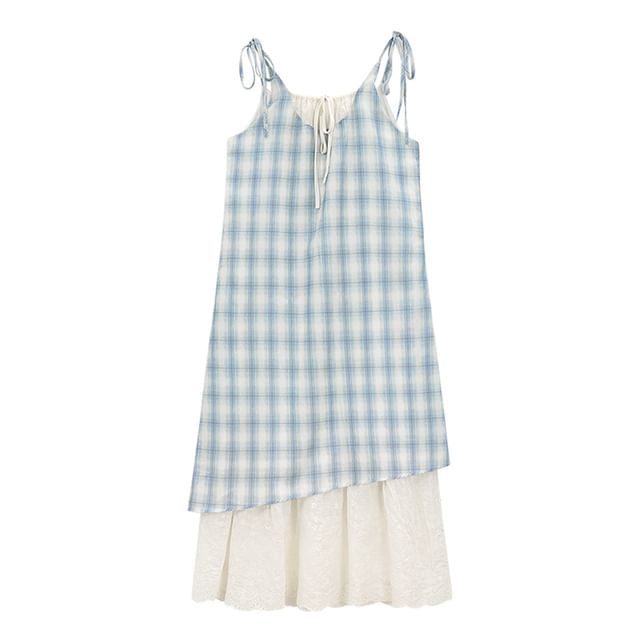 Two-Tone Plaid Panel Midi A-Line Dress with Thin Straps