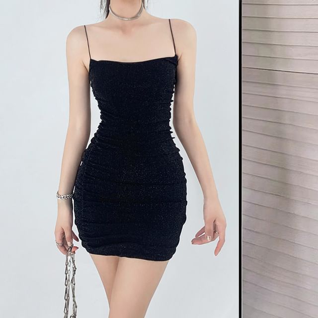 Thin Strap Glitter Ruched Mini Bodycon Dress
